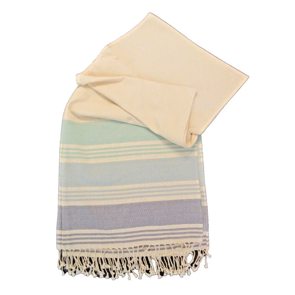 Womens OS Cream Blue Stripes Fringe Poncho Beach Caftan Coverup Boho Tribe Alive - Picture 10 of 11